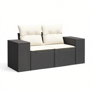 Sofá de jardín de ratán sintético de dos plazas, negro y crema, muebles de exterior impermeables, diseño contemporáneo, cojines de espuma de alta densidad - Product Image 1