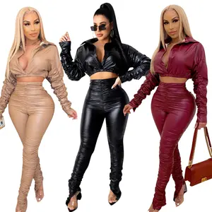 Sexy Faux Lederen Plooien Tweedelige Outfits Voor Vrouwen Verjaardag Nacht Club Matching Sets Casual Crop Top Gestapelde Broek Pak