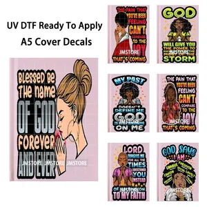 Pegatinas de transferencia duraderas personalizadas Faith Based Praying Melanin Queen UV DTF para cubiertas de cuadernos, listas para aplicar en diarios A5 - Product Image 1