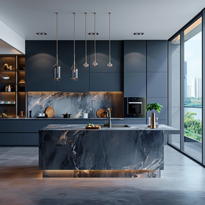 Meubles de cuisine modulaires de luxe bleu marine moderne avec îlot <span class=keywords><strong>en</strong></span> marbre, éclairage LED chaud, placage bois, garantie 5 ans - Product Image 6