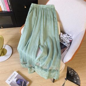 Chinese Style Cotton Linen Wide Leg Trousers Green Embroidery Hem Casual Pants Spring Summer 2025 Breathable Ultra Thin Micro - Product Image 1