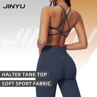 JINYU OEM Ensemble de yoga pour femme, comprenant un soutien-gorge de sport à dos croisé et dos nu, un crop top à col en V et un pantalon de yoga évasé taille haute effet push-up