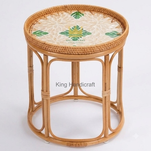 Mid Century Modern Rattan Tea <b>Table</b> <b>Round</b> Flower Inlaid Tabletop <b>Bedside</b> End <b>Table</b> for Apartment Decor - Product Image 1