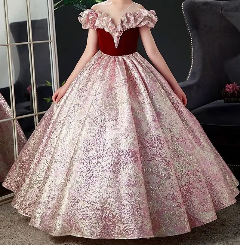 Flower girl lace rose wedding party dress kid vintage ricamato lungo abito da sera di compleanno principessa nuziale