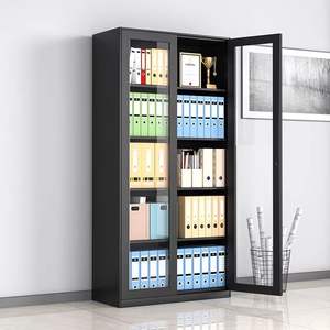 Librería de Acero con Puerta de Vidrio de Doble Hoja y Borde <span class=keywords><strong>Estrecho</strong></span>, <span class=keywords><strong>Armario</strong></span> Metálico Delgado con 4 Estantes Ajustables y Tiradores de Plástico - Product Image 3