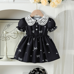 Vestito Estivo per Bambina con Fiocco Stampato, Collo Tondo, Maniche a Sbuffo, in 100% Poliestere, Gonna Morbida a Strati - Product Image 1