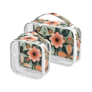 New Arrival Custom Watercolor Flower Transparent Clear PVC <b>Mini</b> Cosmetic Bag Makeup Organizer <b>Pouches</b> 2-pack Travel Toiletry Bag - Product Image 1