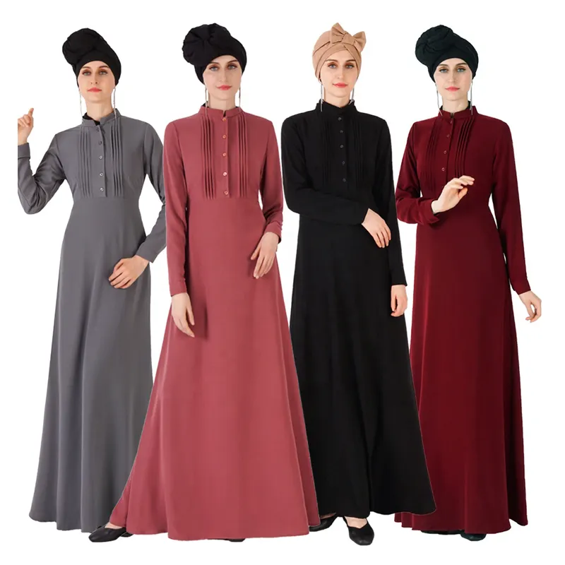 Elegent-vestido abaya musulmán, plisado frontal, tela crepé, 6 colores, con botón