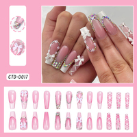24 Uñas Postizas de Color Rosa con Diseño de Flores Francesas, Uñas de Ballet Largas con Forma de Ataúd, Cobertura Completa, Uñas Postizas con Lazo, Punta de Uña Artificial