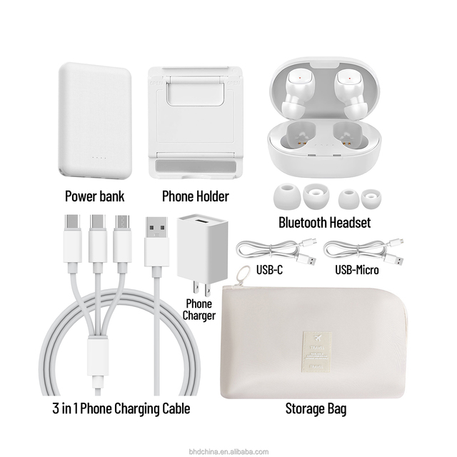 Custom Company logo Promotional Electronic Gift Set Earphone Phone Charger 3 in 1 Phone Cable 3000mah Power Bank Phone Holder