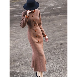 Tùy Chỉnh Retro Phụ Nữ Thanh Lịch Mùa Thu Mới Colorblocking Ve Áo Ngực Duy Nhất Của Phụ Nữ Dài Tay Áo Đuôi Cá Dresses - Product Image 3