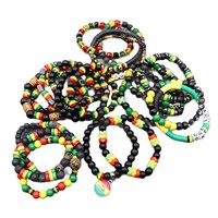 Gelang Hadiah Uniseks Elastis Bergaya Baru Warna Kuning Hijau Merah Hitam Terinspirasi Jamaika dengan Pola Angka dan Huruf dari Manik-manik Resin.