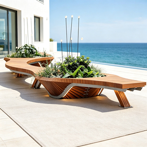Banc de jardin public en <span class=keywords><strong>bois</strong></span> tropical courbé avec jardinière centrale intégrée et éclairage LED – Idéal pour l'aménagement paysager commercial - Product Image 2