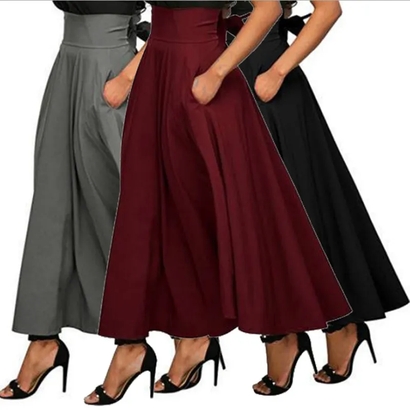 Fashion Women Girls Solid Color Bow Belt Big Swing Pleated Long Bohemian Maxi Skirt