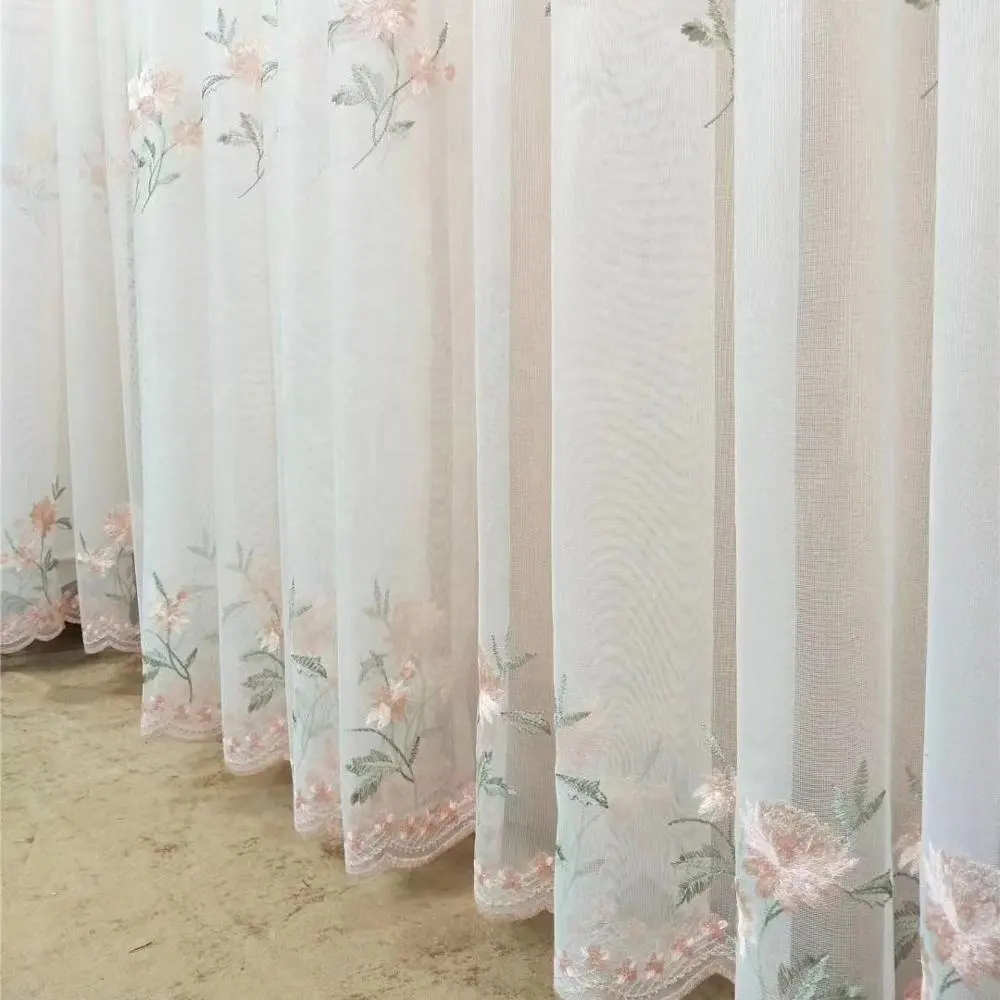 CT002A wholesale factory fancy green pink blue embroidered flower modern design voile sheer curtain