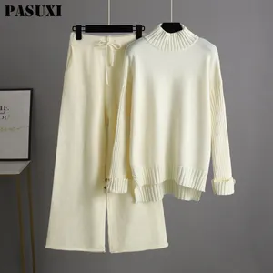 PASUXI Women Half Turtleneck Pleated Pullover And Wide Leg Pants Knitted Sets Winter Warm Sweater Suits Casual Trousers Outfits
