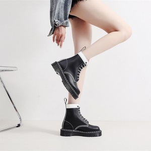 Work boots - Women's hard leather black and white patchwork short boots - Men's and women's smooth leather boots - Product Image 2