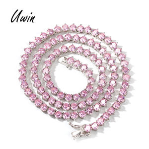 Collar de cadena tipo tenis con circonitas rosas heladas, engaste de 3 puntas, circonita rosa bebé, cadena tipo tenis de 1 fila, joyería para mujer estilo rapero - Product Image 1
