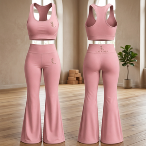 Pink Solid Seamless Yoga Set Women's Sports Bra and <b>Flare</b> <b>Leggings</b> 2-Piece Workout Outfit with Elastic Waist for Custom Logo - Product Image 3