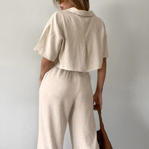 Custom Fashion Linen Set Mulheres Verão Perna Larga Calças De Linho Set para Mulheres Casual Mulheres Tops Conjuntos De Linho 2 Peça