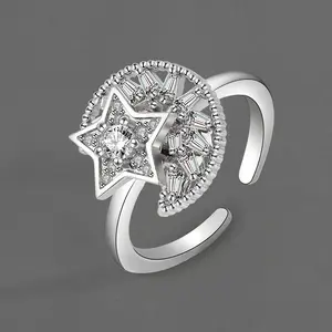 Anel giratório ajustável para mulheres, anel de prata com estrela e lua para inserção em Cz, moda barata e ajustável