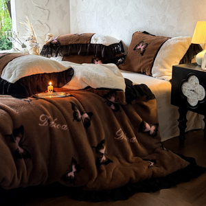 Retro Gothic Butterfly Print Plush Bedding Set Soft <strong>Teddy</strong> Velvet Black Sheer Ruffle Duvet Cover With Bed Skirt - Product Image 4