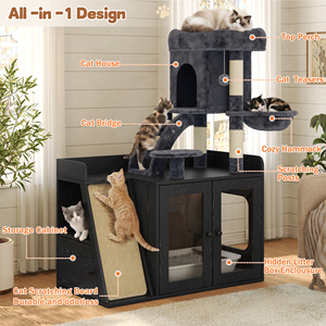 Litter Box Enclosure With <b>Cat</b> Tree Sisal Scratching Board Storage Space Modular Indoor Playground - Product Image 3