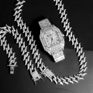 ชุดของขวัญนาฬิกาแฟชั่นแบบ Iced Out พร้อมสร้อยคอและกำไลแบบคิวบา ชุดเครื่องประดับฮิปฮอปสำหรับผู้ชาย นาฬิกาสีเงิน ของขวัญวันหยุดสำหรับผู้ชาย - Product Image 5
