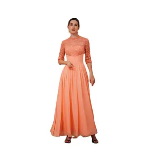 Элегантные оранжевые вышитые блестками кружева с длинным рукавом шифоновые мусульманские Вечерние платья подружки невесты скромные мусульманские платья для выпускного вечера