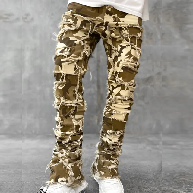 Custom Men Street Wear Vintage Camo Denim Pants Fashion Camouflage Ripped Stacked Jeans