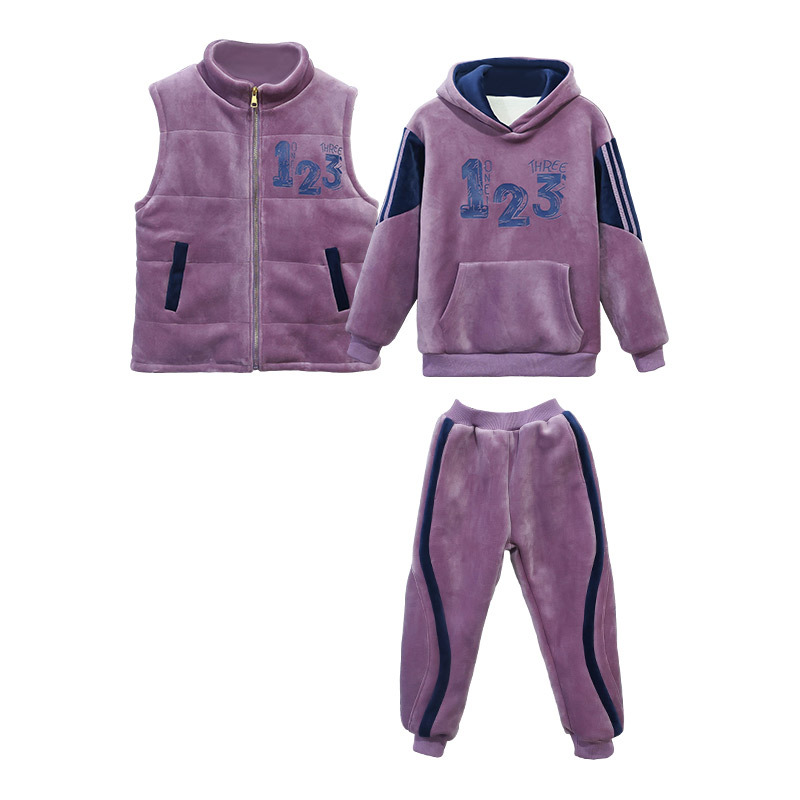 Autumn Winter Girls' Casual Three-Piece Set Fleece-Lined Thickened Golden Velvet Sports Sweater with Letter Pattern 5T Size