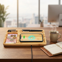 Plateau de rangement de bureau en bois laqué avec chargeur sans fil