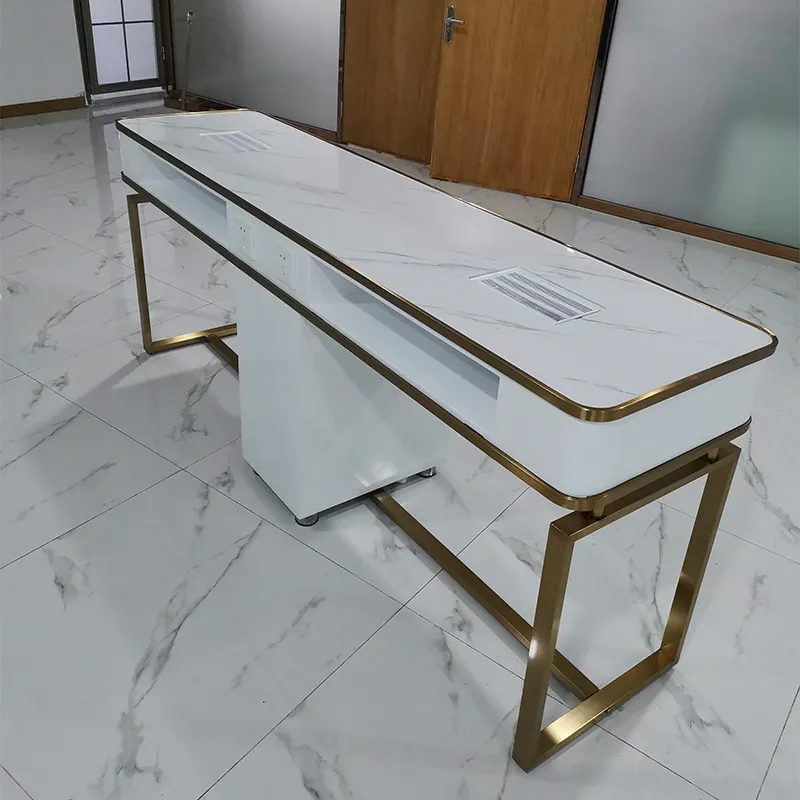 High Quality Nail Beauty Salon Furniture Marble Top Gold Stainless Steel Frame Manicure Nail Table For Sale