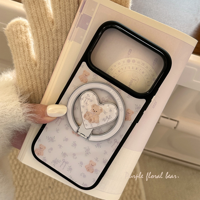 Cute Little Bear purple Floral Print Ins Style Phone case for 15/16/17 Pro Max Heart-shaped Magnetic PC Protective Cover