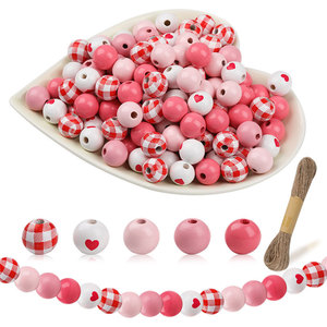 Wood Beads Set Round Pink <b>Red</b> Checkered Heart Pattern For <b>Bracelet</b> Making Valentine's Day Decoration 10M Hemp Rope Included - Product Image 1