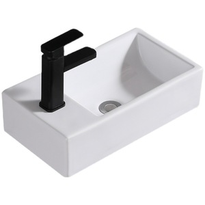Lavabo de cerámica montado en la pared, tamaño pequeño, forma irregular, sin orificio para grifo, fácil limpieza, para balcón o apartamentos pequeños - Product Image 1