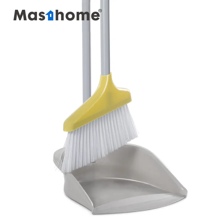 Masthome Household Grey & Yellow Style Broom Long Metal Handle Broom And Dustpan Set