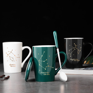 Taza de <span class=keywords><strong>Café</strong></span> Moderna de Cerámica con los 12 Signos del Zodiaco, con Tapa, Cuchara y Asa, para Regalos Empresariales, Disponible en Blanco y Negro - Product Image 2