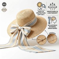 Topi Jerami Premium Bertepi Lebar dengan Pita Besar Bergaris, Model Floppy untuk Pesta, Pantai, Liburan Musim Panas, Topi Bunga Elegan