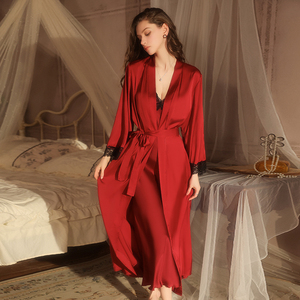 Ropa de dormir de satén de verano para mujer, dulce satén sedoso, escote en V profundo con almohadillas para sujetador, camisón largo de encaje, bata Kimono 5620 - Product Image 3