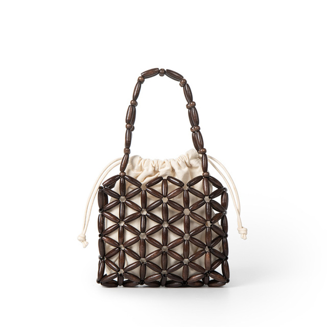 Vintage New Woven Bead Fashion Hollow Bag Simple Hand-held Bags Popular Beaded Bag Women's Summer Hand-woven Wooden Bead Handbag