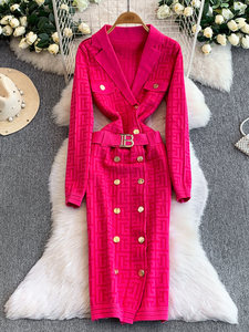 Robe en maille pour femme, coupe trapèze, taille ajustée, col tailleur, imprimé floral <span class=keywords><strong>labyrinthe</strong></span>, style décontracté et tendance, hiver - Product Image 3