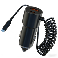 Chargeur de voiture multifonctionnel direct d'usine avec câble Type-C, double ports USB-A+USB-C, adaptateur de charge rapide pour téléphone portable