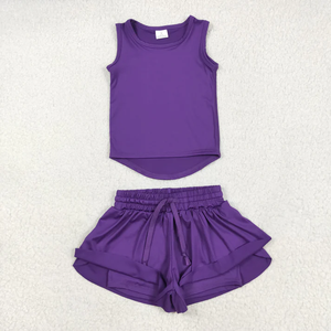 Conjunto de Ropa de Yoga para Niñas, Camiseta sin Mangas y Pantalones Cortos de Colores Sólidos, Venta Caliente de Fábrica, Ropa para Hermanas - Product Image 3