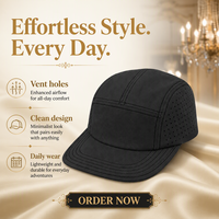 Casquette de camping personnalisée noire unie à 5 panneaux, perforations latérales au laser, séchage rapide, pour la course et les sports de plein air
