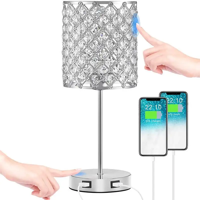 Dual USB Charging Port Small Desk Lamp 3-Way Dimmable Bedside Light Touch Control Crystal Table Lamp for Bedroom Living Room