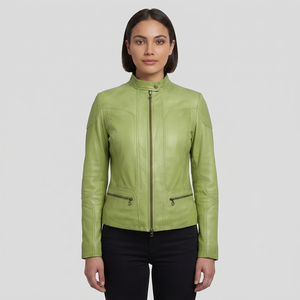 Veste d'hiver en cuir véritable vert citron pour femme, col montant, style motard, coupe ajustée, effet vieilli, fournisseur ODM en gros - Product Image 1