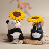 Statue d'animal en bois sculptée à la main et peinte, figurine mignonne de chat, grenouille, panda avec tournesol, petit ornement de table