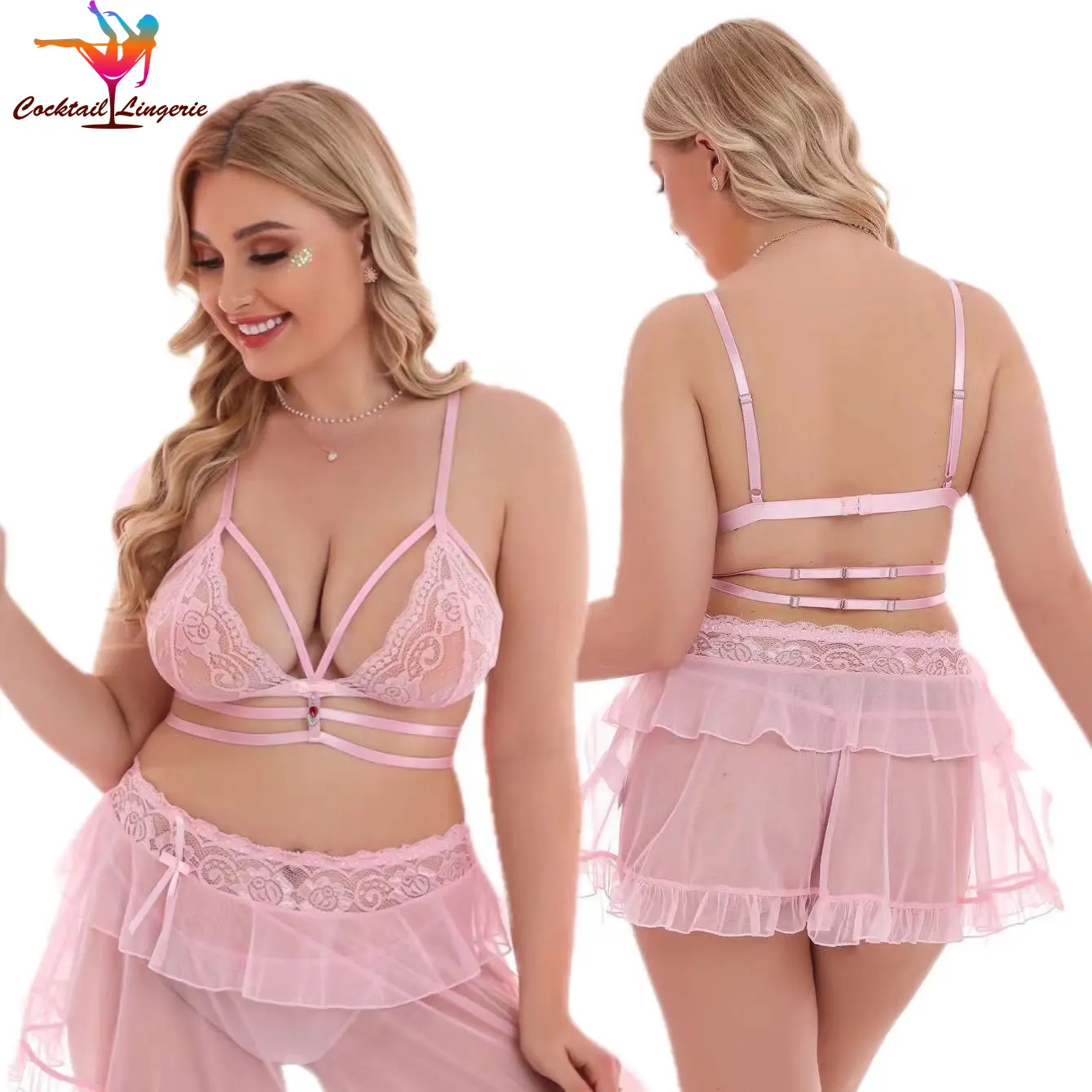 plus size sexy lace pink fancy women lady girls underwear lingerie set with ruffles rhinestone and mesh skirt