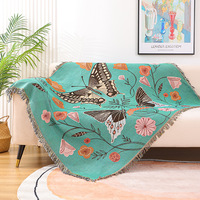 Plaid d'intérieur écologique toutes saisons, motif floral papillon nordique, jacquard turquoise, tissé, pour la relaxation, à franges botaniques